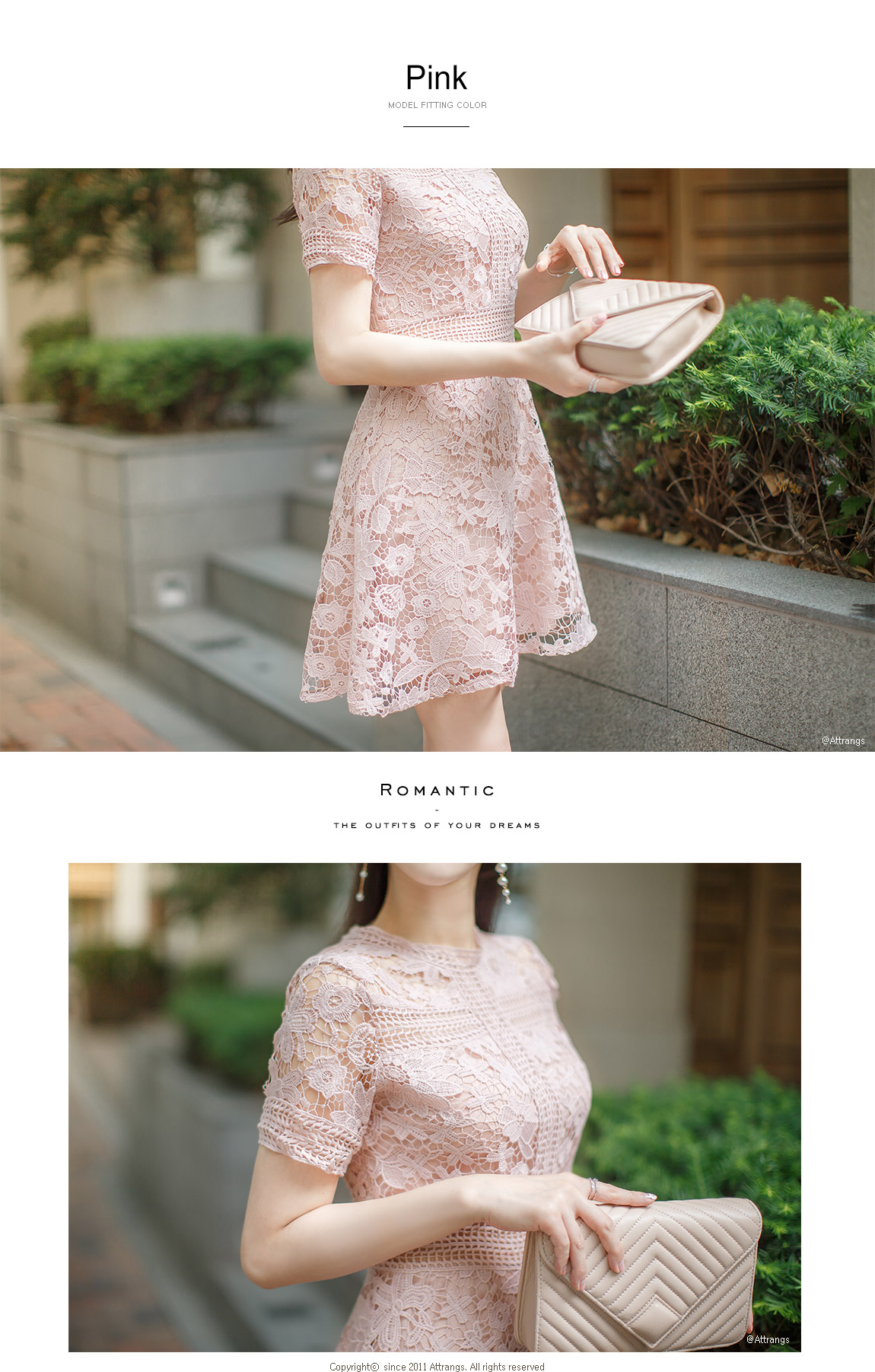【韩国直邮】ATTRANGS 蕾丝碎花修身连衣裙 粉色 均码